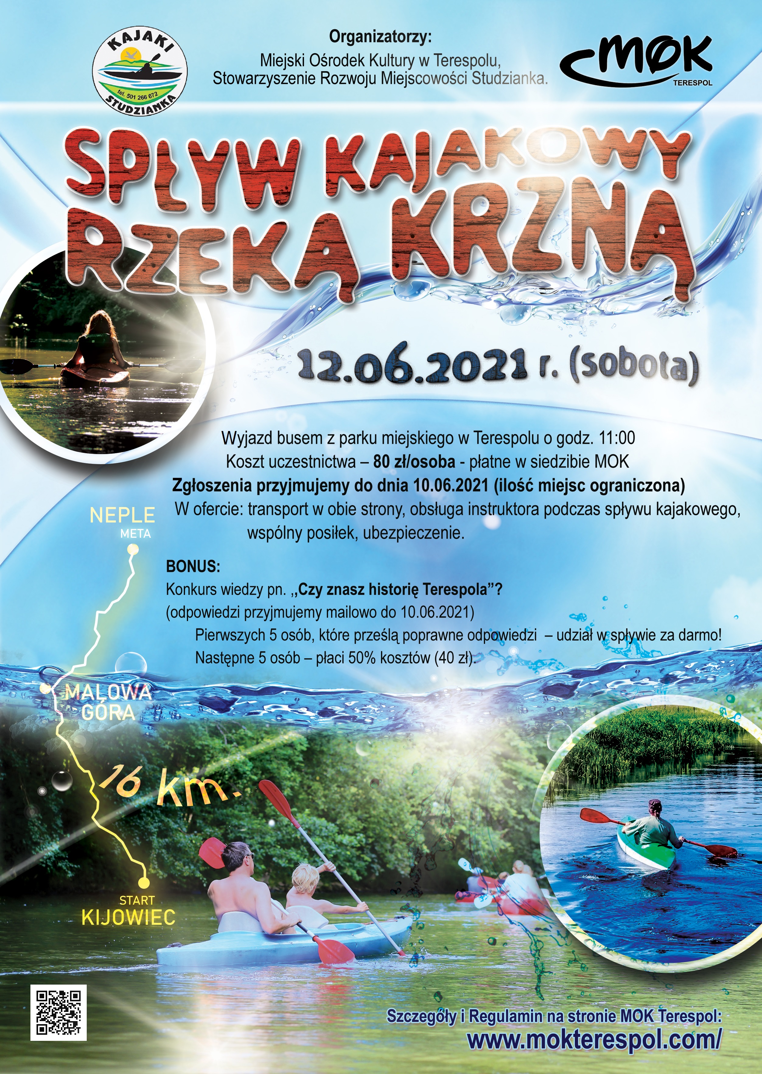 Plakat spływu kajakowego rzeką Krzną w dniu 12.06.2021. Koszt 80 zł. Wyjazd z parku miejskiego o 11:00.